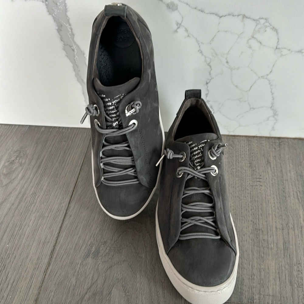 Lace Up Platform Sneakers. Gray leather
